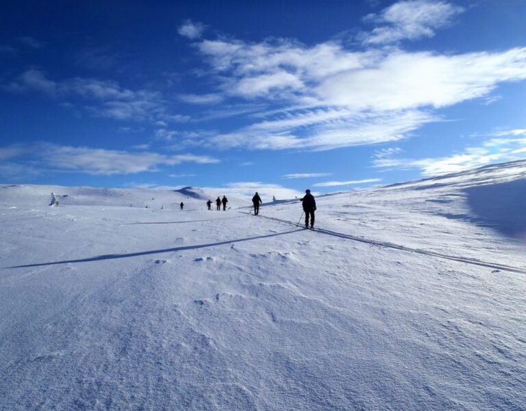 Trailwandelaars in een besneeuwd landschap onder een blauwe lucht